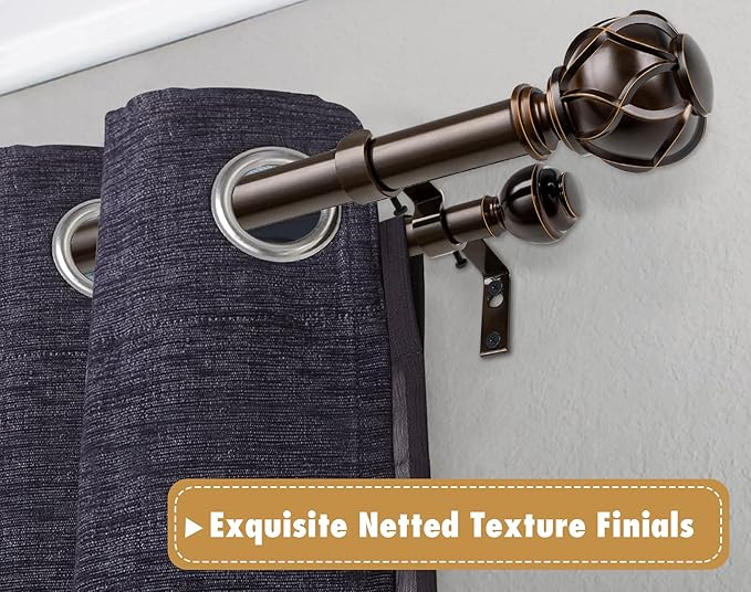 KAMANINA 1 Inch Double Curtain Rods 140 to 195 Inches (12-16 Feet) Telescoping Heavy Duty Drapery Rod for Windows 120 to 170, Netted Texture Finials, Antique Bronze