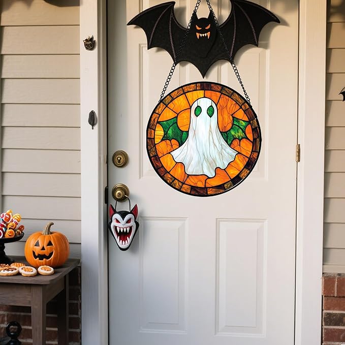 Stained Glass Window Hanging - Halloween Decorations Bat Wings Ghost Suncatcher for Doors Garden Indoor Spooky Funny Sun Catchers Gothic Decor Horror Gifts for Women Men Friend 15 in