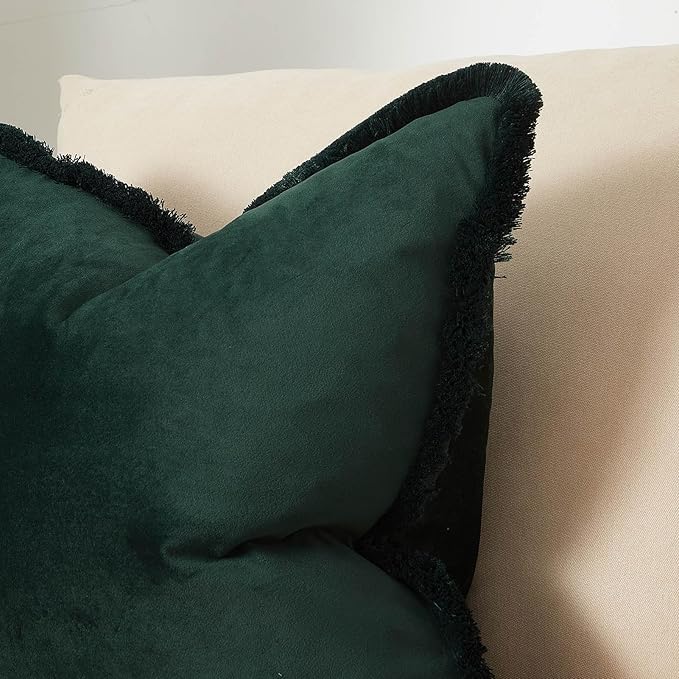 JUSPURBET Pack of 2 Military Green Decorative Fringe Velvet Throw Pillow Covers 20x20 for Home Decor Living Room Bedroom Car Boho Soft Cushion Cover with Hidden Zipper Machine Washable