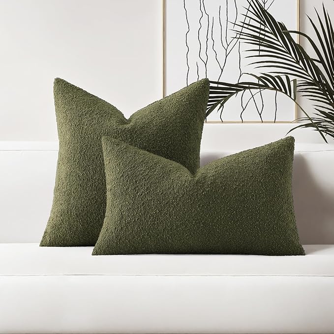 HAUSSY Set of 2 26x26 Decorative Throw Pillow Covers, Soft Cozy Euro Pillow Shams Textured Boucle, Home Decor for Couch Bed Living Room, Moss Green