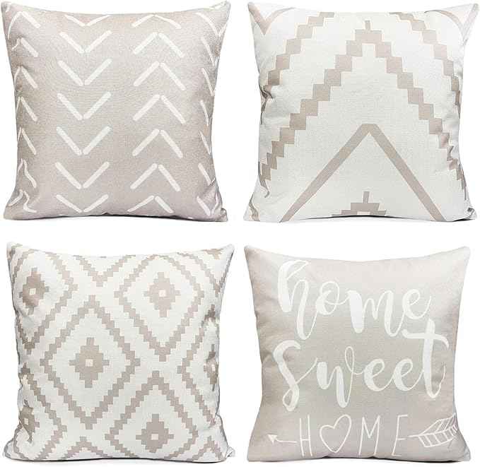 Decorative Throw Pillow Covers 18x18 inch Set of 4 Light Khaki Pillow Covers for Couch Sofa Living Room,Farmhouse Outdoor Throw Pillow Cover,Modern Geometric Linen Square Throw Pillow Cases