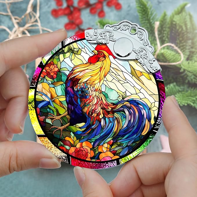 Glass Chicken Christmas Ornament, Semi Transparent Stained Glass Ornament, Colorful Festive Decor for Holidays and Gifts