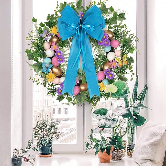 2 Pcs Large Blue Easter Wreath Bow Decor,Spring Summer Tree Topper Bow Decorations,Decorative Bow with Blue Burlap and Glitter String for Holiday Home Front Door Outdoor