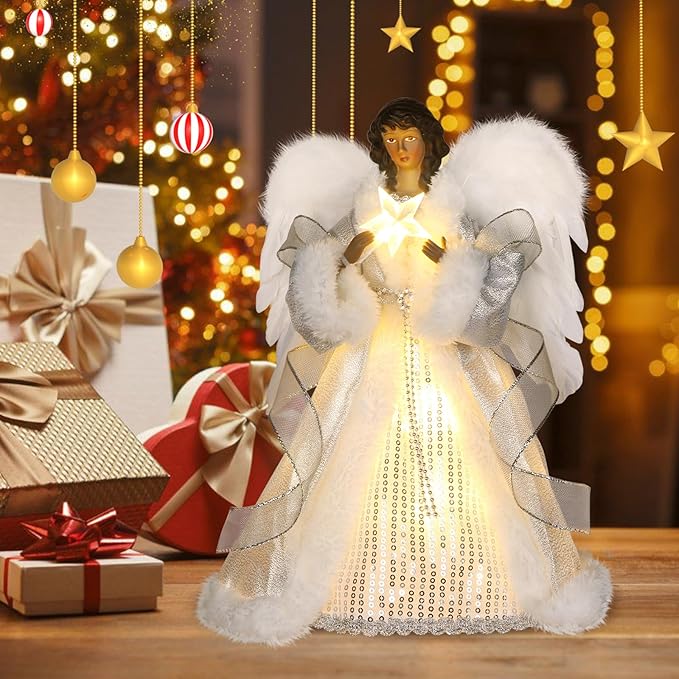 12.5" Black Angel Christmas Tree Topper with Lights, Lighted Angel Tree Topper with White Feather Wings and Star Light, Remote Control, Timer & USB Powered for Holiday Party Decor