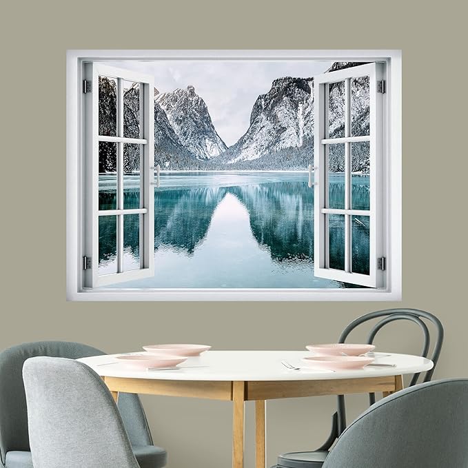 wall26 Removable Wall Sticker/Wall Mural Window View Winter Snowy Mountain Lake Forest Wilderness Nature Photography Realism Rustic Landscape Colorful for Living Room, Bedroom, Office - 24"x32"