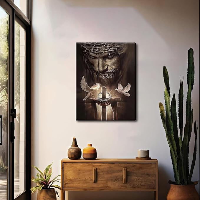 Eysintum Christian Framed Canvas Wall Art Jesus Christ Cross and Doves Religious Home Decor for Church, Prayer Room, Living Room, Office, Hospitals – Ready to Hang 12x16in
