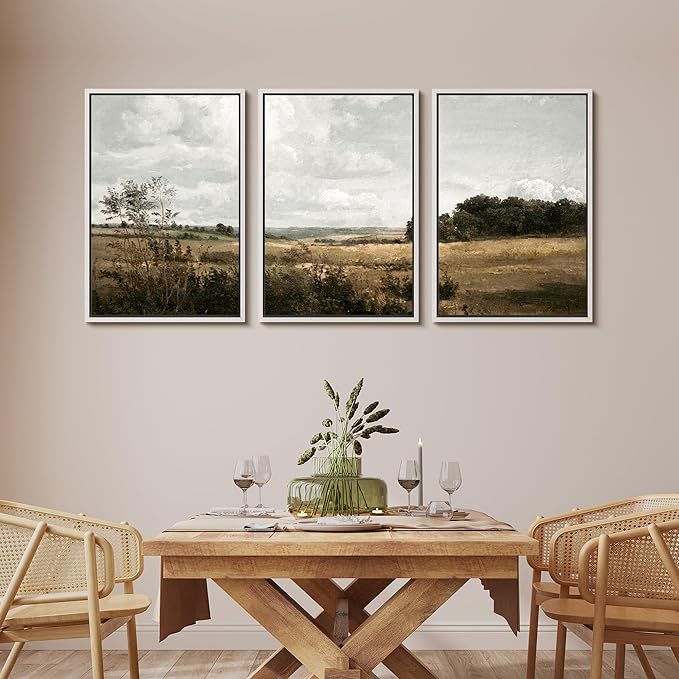 MUDECOR Framed Canvas Print Wall Art Rustic Fields Tranquil Countryside Landscape Nature Wilderness Illustrations Realism Decorative Panoramic Earth for Living Room, Bedroom, Office - 16"x24"x3 White