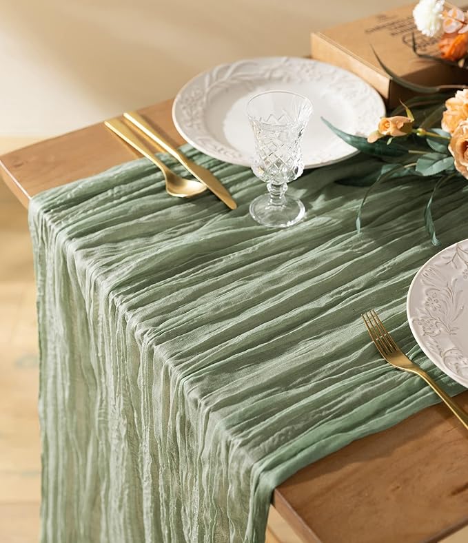 Vitalizart Cheesecloth Table Runner 10ft Gauze Boho Rustic Sage Green Cheese Cloth Table Runner for Wedding Bridal Shower Fall Thanskgiving Decoration 120 Inches
