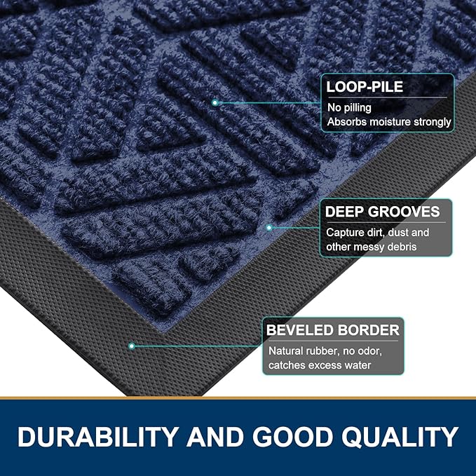 Smiry Front Door Mat Outside Entrance, Heavy Duty Sturdy Natural Rubber Doormat, Trap Dirt and Moisture, Easy Clean Low Profile Mats for Indoor Outdoor Entry, Grid Geometric (47x23, Navy Blue)