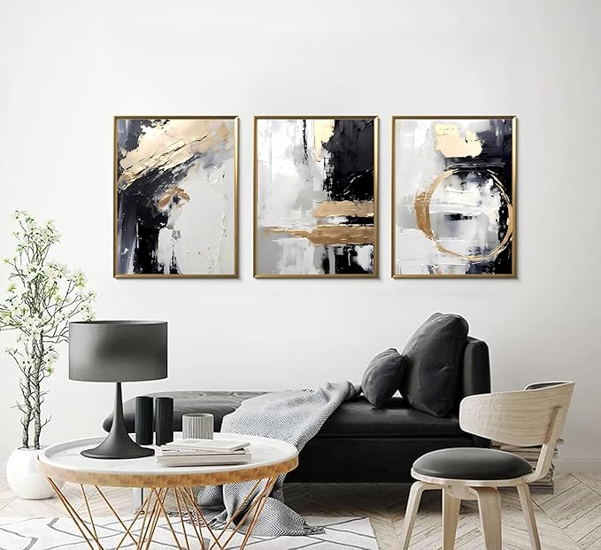 3pcs Black White Gold Canvas Wall Art Abstract Geometric Textured Posters Prints Pictures Paintings with Faux Stucco Finish Modern Beige Minimalist Wall Decor for Living Room Bedroom Bathroom Unframed