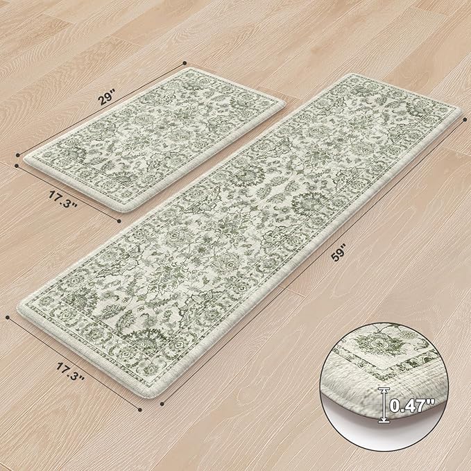 KIMODE Kitchen Mats Cushioned Anti Fatigue 2 PCS, Boho Kitchen Mats Stain Resistant, Standing Kitchen Runner Rug, Non Slip Waterproof Kitchen Sink Floor Mat, 17.3"x59"+17.3"x29", Green