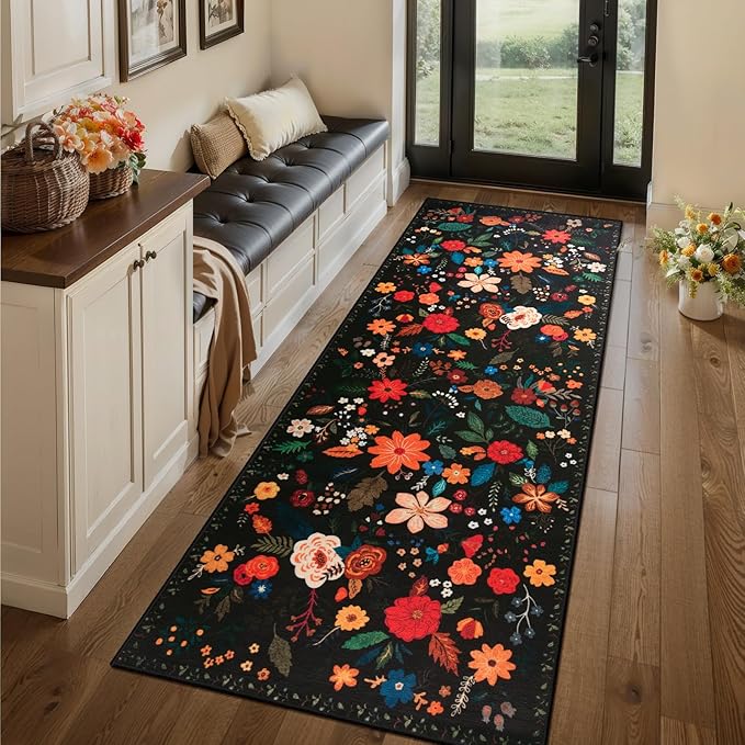 Tangsoo Runner Rug for Hallways Kitchen Rug, Non Slip 2x6 Washable Boho Floral Rug Runner for Entryway, Low Pile Carpet Door Mat Indoor Entrance for Kids Room Bedroom Laundry Office Bathroom(Black)