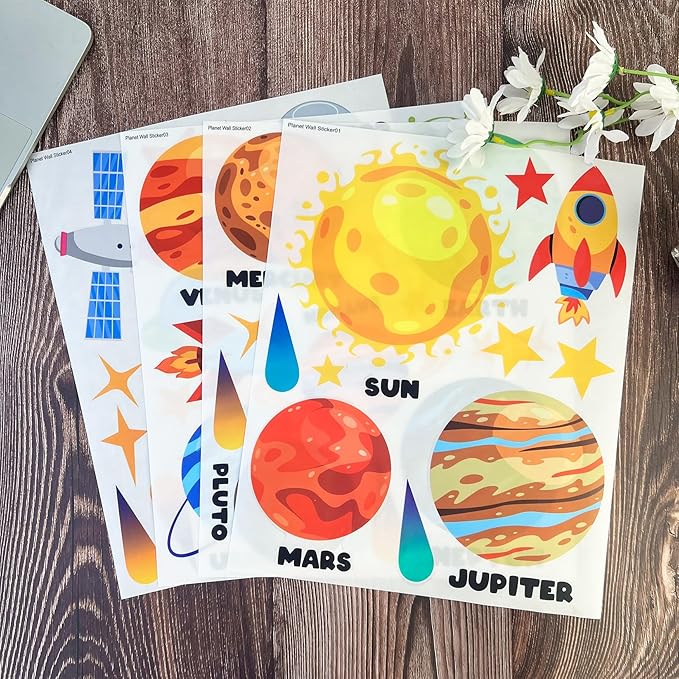 Outer Space Wall Decals 4 Sheets 58 Pcs Planets, Rocket & Astronaut Wall Stickers Removable Nursery Decor for Kids Bedroom, Playroom, Classroom Peel & Stick Space Theme Decals for Boys Girls