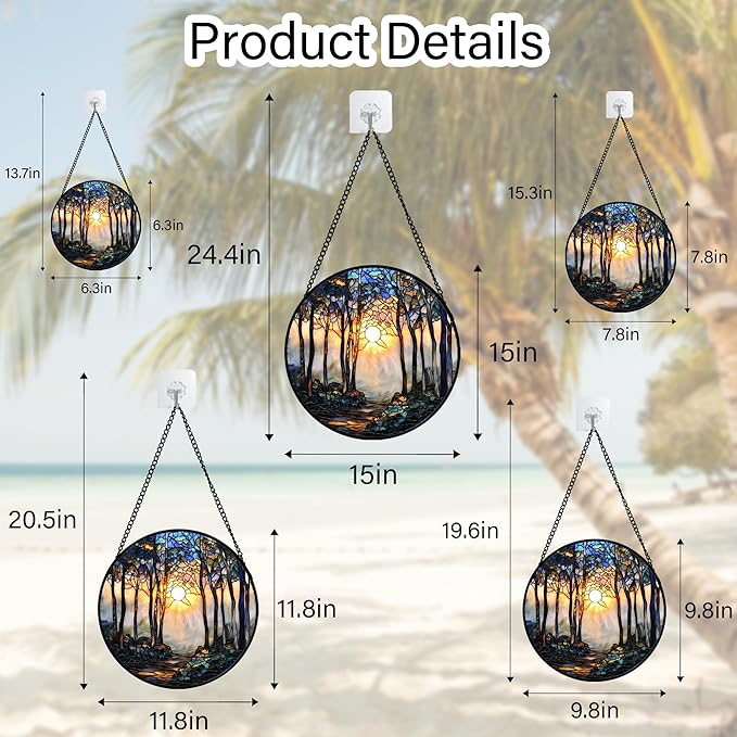 Stained Glass Window Hanging, Forest Sunrise Smoke Blue Brown Tree Suncatcher for Doors Window Home Landscape Sun Catchers Decor Mother's Day Birthday Gifts for Women, Men Mom 7.8 in