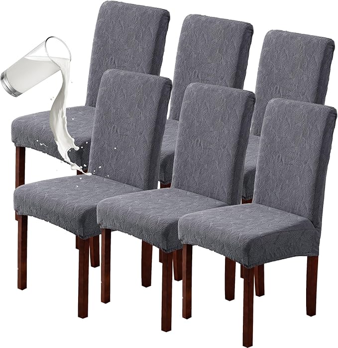 Genina 100% Waterproof Dining Room Chair Covers Set of 6 Stretch Kitchen Chair Covers Parsons Chair Slipcovers for Dining Room Chair Protector Cover, Removable, Washable (Leaf Pattern-Dark Gray, L)