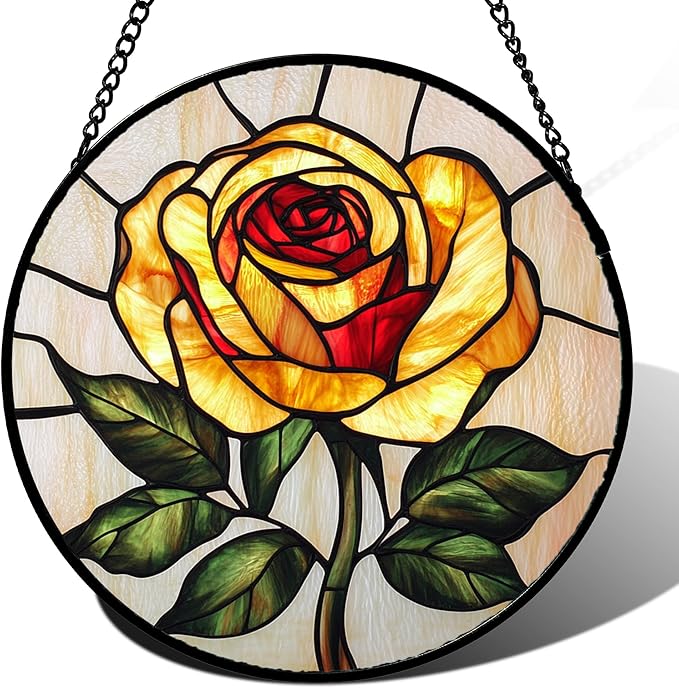 Stained Glass Window Hanging - Elegant Yellow Rose Flower Sun Catcher for Door Garden Home Decor Suncatcher Christmas Mother's Day Birthday Gifts for Women Mom Girl Nana Friend 9.8 in