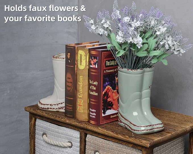 Quoowiit Ceramic Rustic Farmhouse Boot Vase, Green Distressed Flower Vase for Home Decor, Decorative Vases for Centerpiece Table Decorations, Vases for Living Room Kitchen Entryway Mantle Shelf Decor