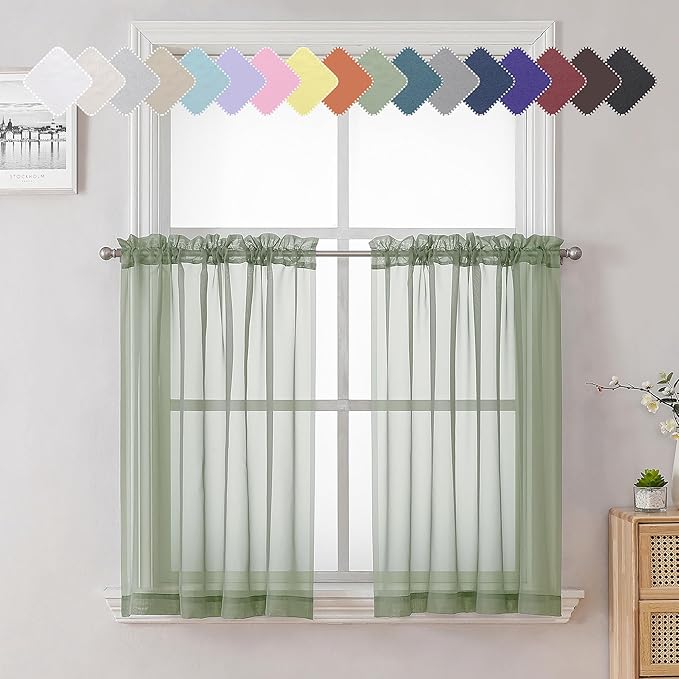 Lecloud Sage Green Curtains Sheer Tiers Set of 2 Pieces 36 Inches Long, Solid Volie Curtains Tiers Cafe Cupboard, Kitchen Window Small Curtain Rod Pockets Living Room Bedroom Gauzy Tier, 40x36 Inch