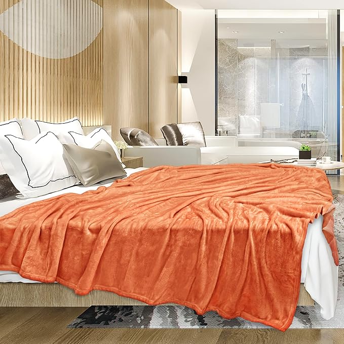 PAVILIA Orange Fleece Throw Blanket for Couch Twin Size, Peach Coral Super Soft Fall Flannel Throw for Sofa, Luxury Plush Microfiber Blanket Twin Bed, Home Decorative Velvet Gift Blanket, 60x80