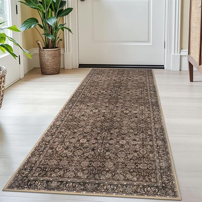 2x5 Washable Rug Rust Reddish Brown Small Area Rug for Entryway, Soft Non-Slip Indoor Door Mat Distressed Floral Low-Pile Kitchen Rugs, Neutral Vintage Carpet for Entrance Bedside Farmhouse