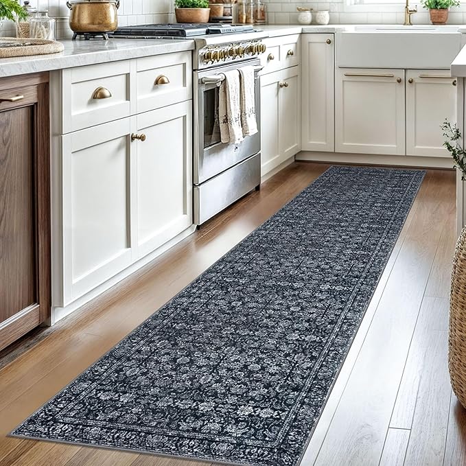2x8 Washable Runner Rug for Hallways, Black Soft Classic Kitchen Rugs with Non-Slip, Non-Shedding Distressed Floral Carpet for Hallways Entryway Bedroom Bathroom Laundry Indoor