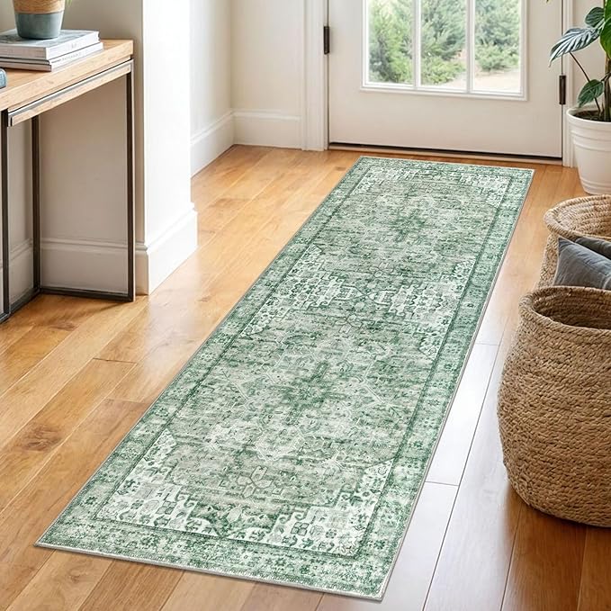 2x6 Runner for Hallways, Sage Green Non-Slip Printed Washable Kitchen Runner, Vintage Boho Rug with Non-Shedding, Soft Medallion Floor Carpet for Laundry Bedroom Entryway