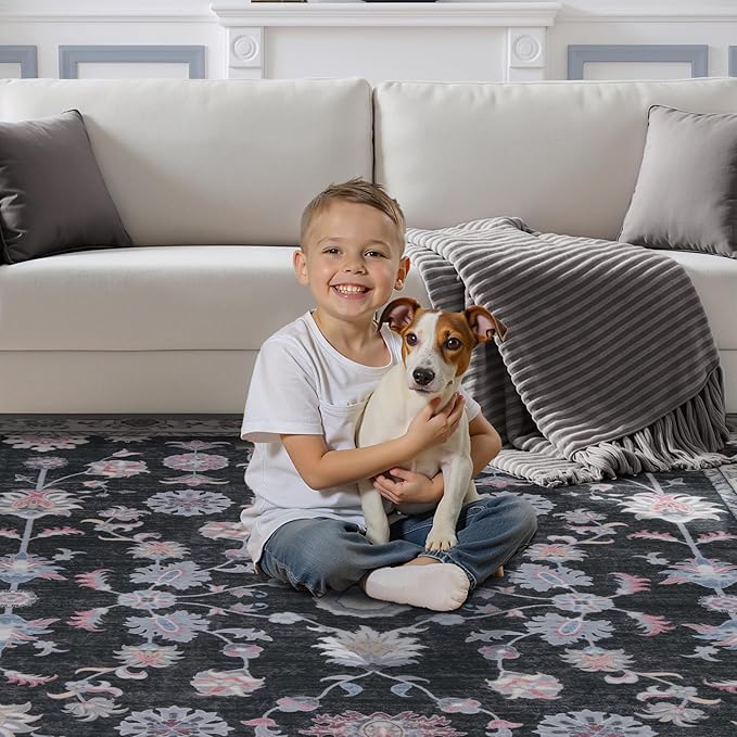 Tangsoo Floral Area Rug 6x9 Machine Washable Rug Non-Slip Vintage Distressed Boho Print, Low Pile Carpet for Living Room, Bedroom, Dining Room, Pet & Child Friendly (Black Red)