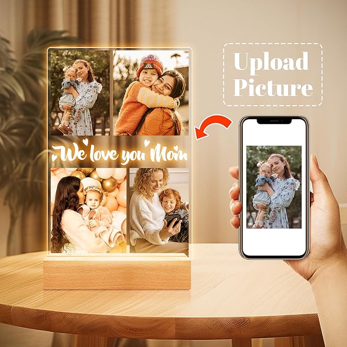Personalized Picture Frame with Night Light, Custom Photo Frame with Photos, Customized Gifts for Mom Girls Boys, Personalized Christmas Birthday Gifts for Mom, Kids, Baby, Family