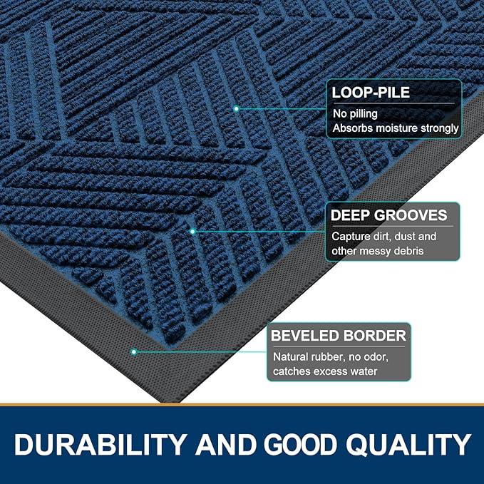 Smiry Front Door Mat Outside Entrance, Heavy Duty Sturdy Natural Rubber Doormat, Trap Dirt and Moisture, Easy Clean Low Profile Welcome Floor Mats for Indoor Outdoor Entry, 35X23 Inch, Medium Blue
