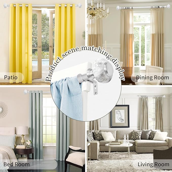 Sliver Curtain Rod for Windows 48 to 84 Inches(4-7ft): 1 inch Diameter Heavy-Duty Adjustable Curtain Rod with Marble Grain Finials For Bedroom & Livingroom