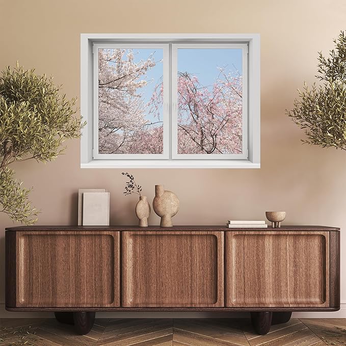 SIGNWIN Removable Wall Sticker/Wall Mural Window Blooming Pink and White Trees Against Clear Blue Sky Photography Realism Decorative Landscape Digital Art for Living Room, Bedroom, Office - 36"x48"