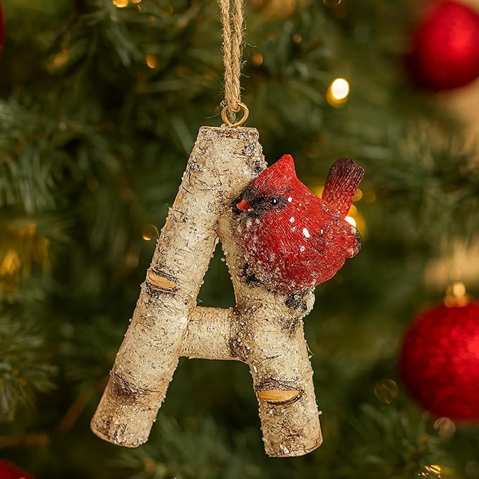 Rustic Cardinal Initial Letter Christmas Ornament – Birch Wood Look Hanging Alphabet Monogram Decoration for Holiday Tree & Winter Home Décor (A)