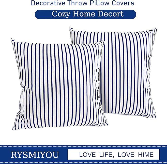 Decorative Throw Pillow Covers Set of 2 Blue Striped Pillow Covers 18x18 Inch Throw Pillow Cover Linen Pillowcase Modern Farmhouse Outdoor Pillow Covers for Couch Sofa Bed Living Room