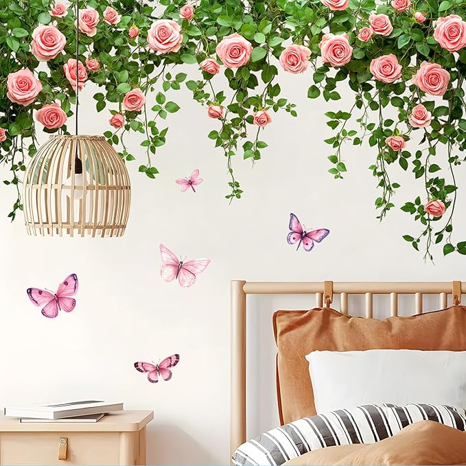 Rose Vine and Butterfly Wall Decals Stickers — Elegant Pink Roses and Flying Butterflies Removable Vinyl Wall Decor for Living Room, Bedroom, Office, Garden Theme Decoration