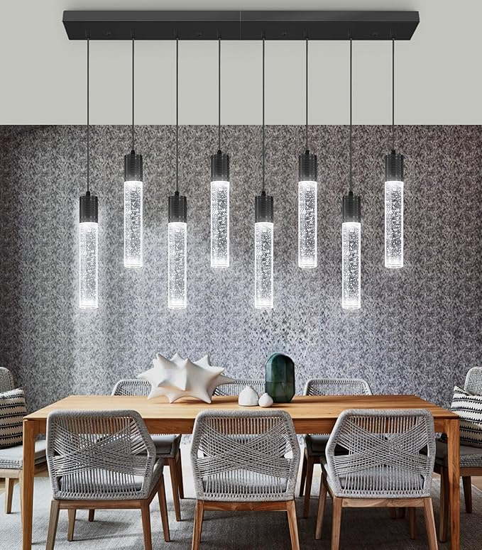 8-Lights Modern Crystal Chandeliers for Kitchen Island Pendants Lighting Fixture for Dining Room LED Ceiling Light for Hallway Foyer 6000K Black