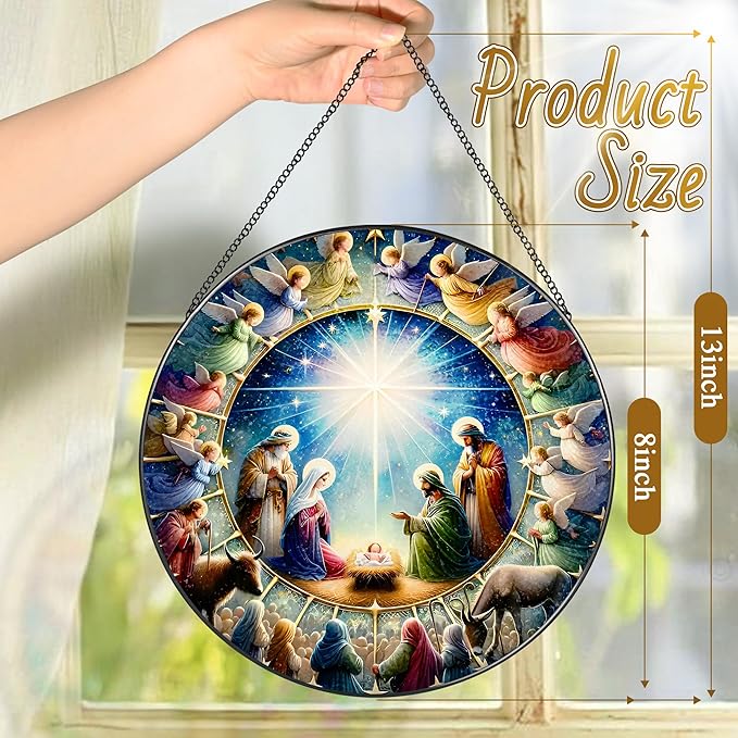Stained Glass Window Hanging, LAOWEIKI 8'' Nativity Scene Suncatcher, Stained Glass Ornament, Window Decor, Outdoor or Indoor, Christian Gifts, Religious Gifts for Women
