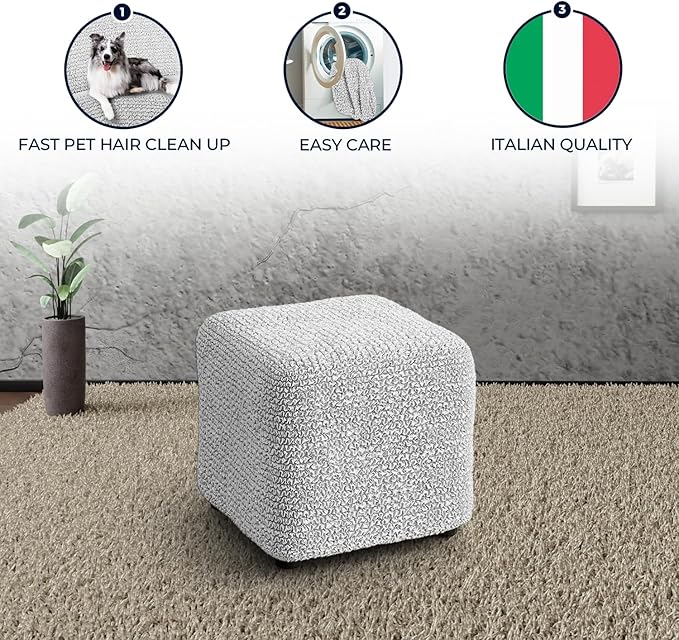 PAULATO BY GA.I.CO. Small Ottoman Cover Stool Cover Pouf Slipcover - Soft Polyester Fabric Slipcover - 1-Piece Form Fit Stretch Furniture Protector - Microfibra Collection - Light Grey (Ottoman)