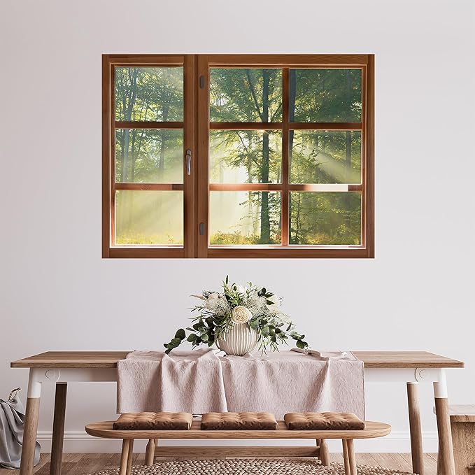 SIGNWIN Removable Wall Sticker/Wall Mural Window Lush Trees with Sunlight Filtering Through Photography Realism Decorative Landscape Digital Art for Living Room, Bedroom, Office - 36"x48"
