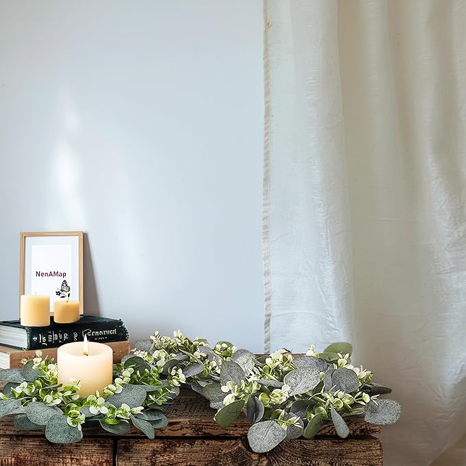 20 Pcs Artificial Eucalyptus Candle Rings, Boho Wedding Candle Holder Wreaths with Green Leaves, Decorative Pillar Candle Rings for Centerpieces and Home Decor