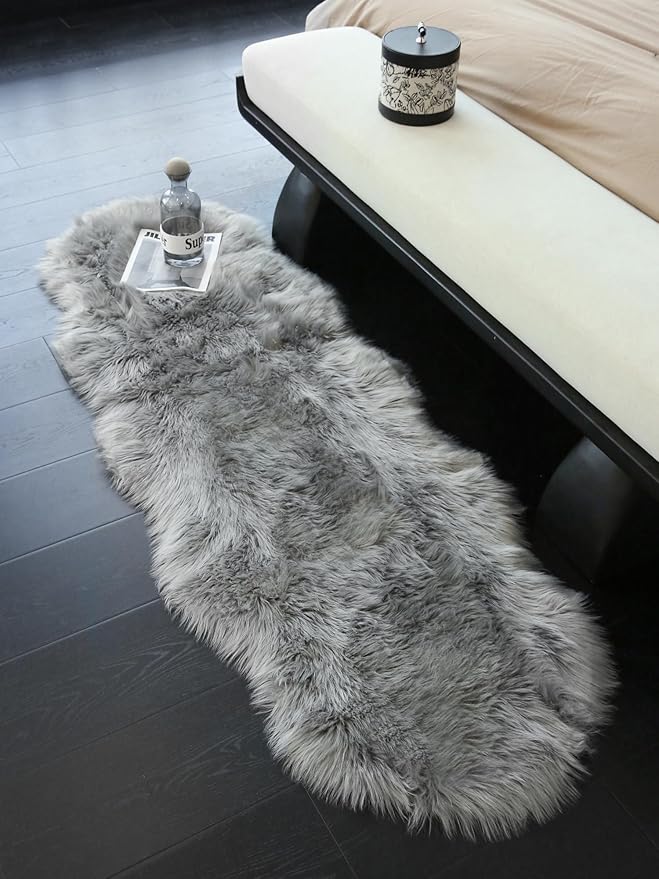 GENIMO 2x6 Fluffy Faux Fur Rug Runner, Ultra Soft Shaggy Sheepskin Rug, Area Rugs for Bedroom, Living Room, Home Office, Light Grey