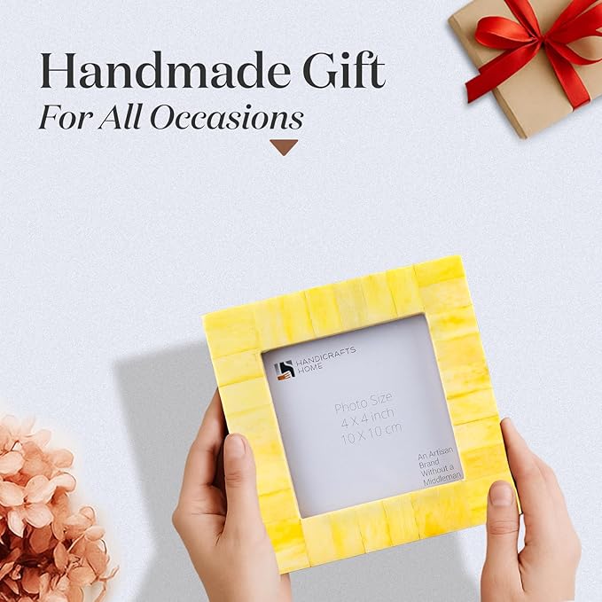 Handicrafts Home Yellow 4x4 Picture Frame for Christmas Decor & Holiday Gifting Handmade Photo Frame, Modern Minimalist Home Decor, Wedding Gift, Vintage Bone inlay Frames for Aesthetic & Living Room