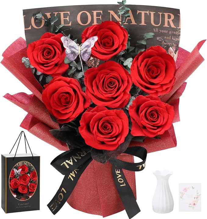 Casaido Preserved Flowers for Delivery, 7 Red Roses Bouquet, Birthday Gifts for Women, Christmas Rose Gifts for Mom Wife Girlfriend, Forever Real Flowers for Valentines Day Anniversary