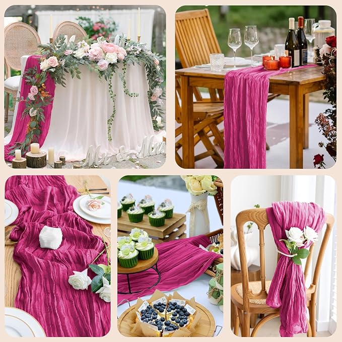 12PCS Table Runner Cheesecloth 10FT Fuchsia Boho Gauze Cheese Cloth Rustic Sheer Table Runners for Wedding Birthday Bridal Baby Shower Party Decoration