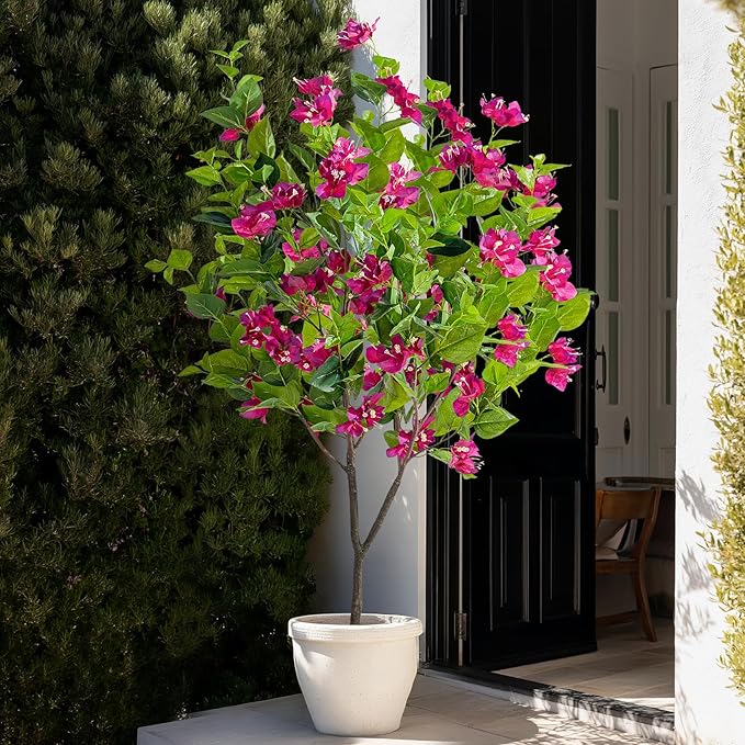 4FT Artificial Bougainvillea Tree Artificial Tree Tall Potted Fake Bougainvillea Trees for Outdoor Indoor Lifelike Potted Faux Plants with Wood Trunk and Flowers Office Wedding Home Decor