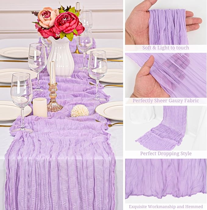 12 Pack Lavender Cheesecloth Table Runner 10FT Cheese Cloths for Wedding Decor, 20x120inch Rustic Boho Gauze Table Runners for Wedding Party Bridal Shower Table Decoration
