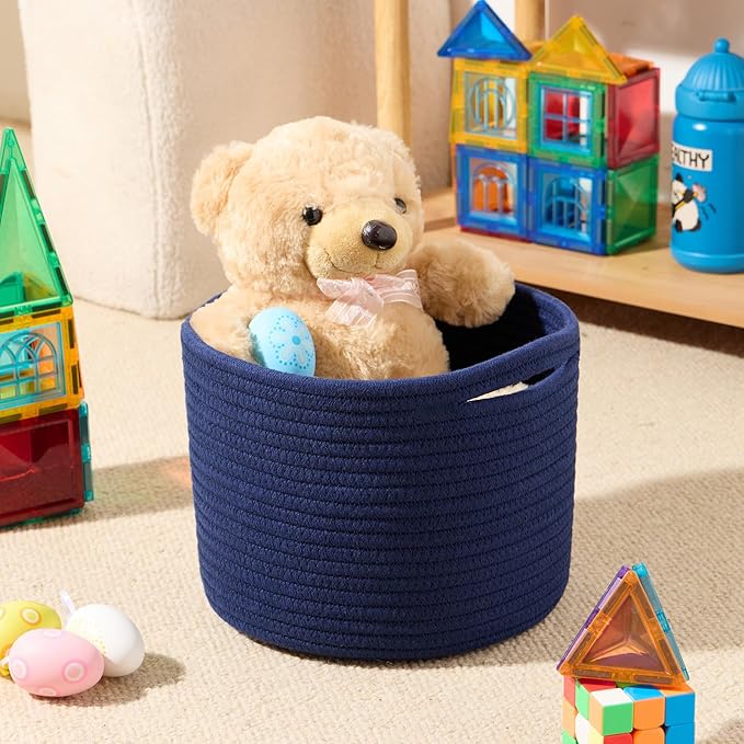 Small Basket for Organizing | Cube Shelf Closet Storage Baskets | 9.7×9.7×7.1” | Woven Rope Gift Basket | Nursery | Round 3 Packs Navy Blue