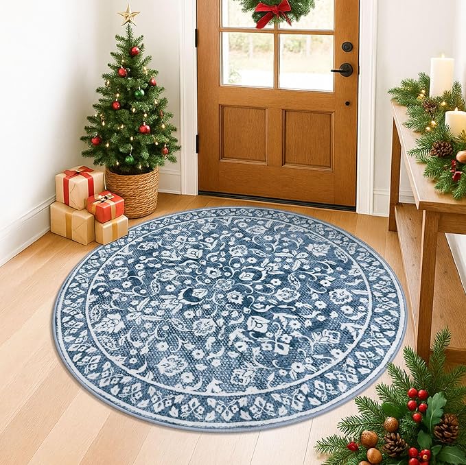 Blue and White Round Rug 5 Ft Rugs for Entryway Washable Circle Entrance Rug Non Slip Round Doormat Indoor Printed Faux Wool Round Front Door Mat Floor Carpet for Backdoor, Bedroom