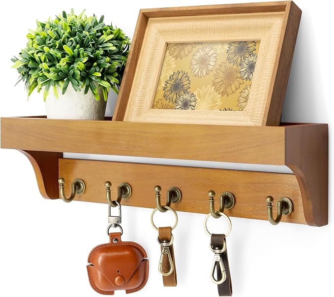 Rebee Vision Decorative Key Holder for Wall with Shelf: Farmhouse Mail Rack with 5 Sturdy Key Hooks for Home Decor, Apartment, Entryway and Hallway (Light Brown)