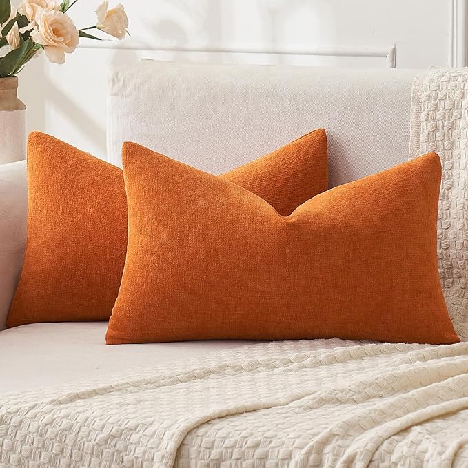 MIULEE Orange Couch Pillow Covers 12x20 Inch, Set of 2 Soft Chenille Decorative Square Throw Pillow Covers Farmhouse for Sofa Living Room Bed