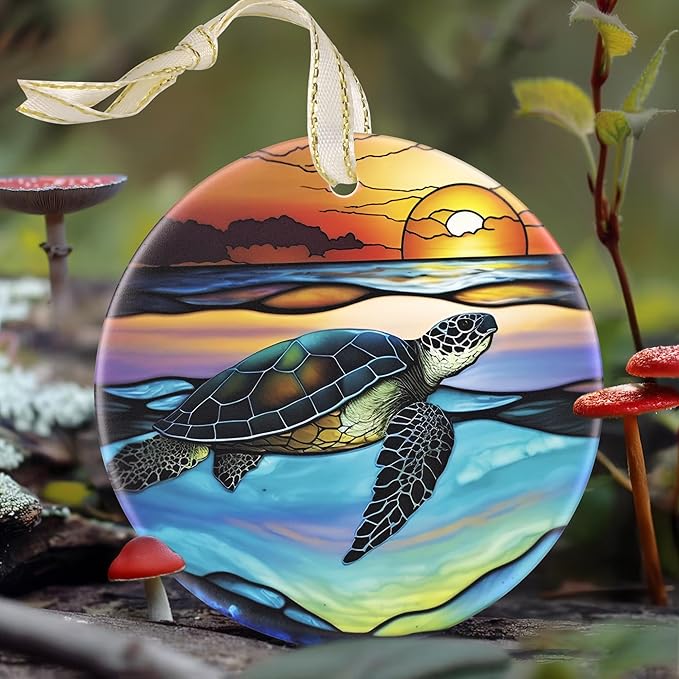 Sea Turtle Christmas Ornament, 3.5 Inch Ceramic Hanging Ornament, Sea Turtle Decor for Christmas Tree, Gifts & Holiday Presents